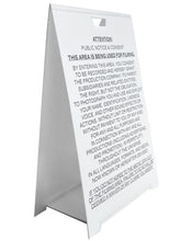 Load image into Gallery viewer, Folding white crowd release notice board, English side
